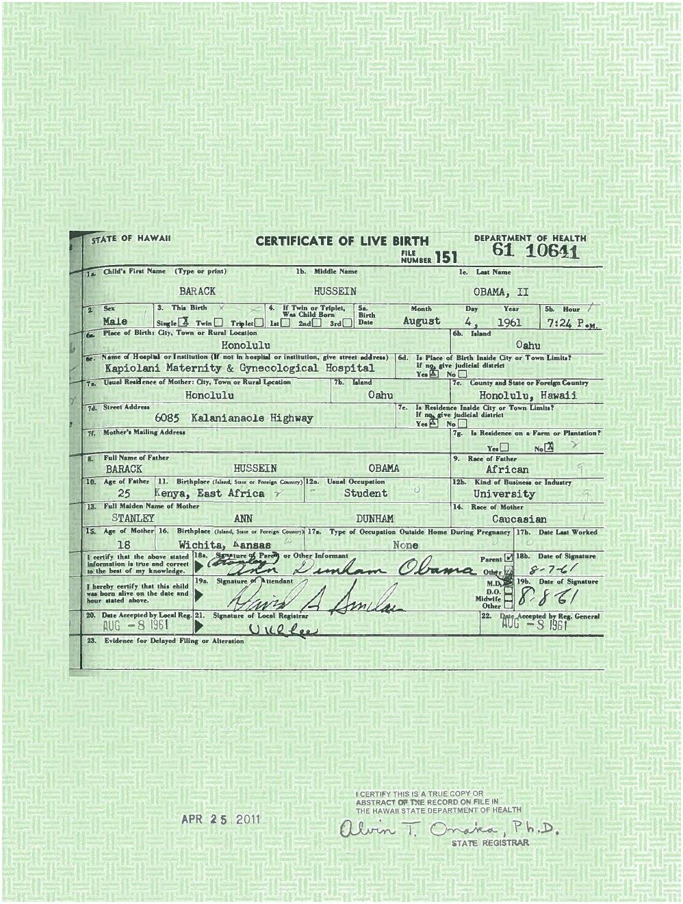 Document released by White House as Barack Obama's birth certificate