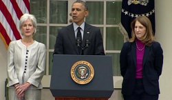 Kathleen Sebelius, Barack Obama, and Sylvia Matthews Burwell