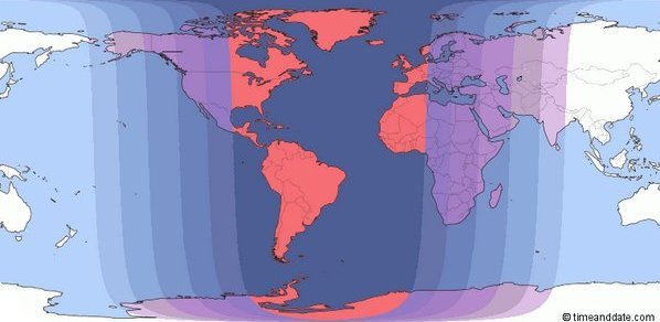 Zones for viewing the lunar eclipse on September 27-28, 2015