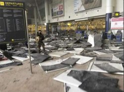 Rubble at Zaventem Airport in Brussels following bomb attacks