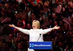 Democratic presidential candidate Hillary Clinton greets supporters during a presidential primary election night rally, Tuesday, June 7, 2016, in New York.