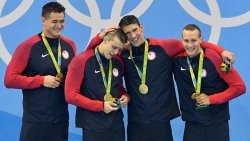 Nathan Adrian, Ryan Held, Michael Phelps and Caeleb Dressel, men's 4x100m freestyle relay gold medalists