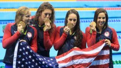 Katie Ledecky, Allison Schmitt, Leah Smith and Maya DiRado, womens 4x200 freestyle gold medalists