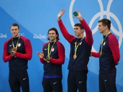 Ryan Murphy, Cody Miller, Michael Phelps and Nathan Adrian, men's 4x100m freestyle medley relay gold medalists