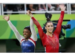 Simone Biles and Aly Raisman, women's gymnastics individual all-around gold and silver medalists