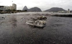 Trash floating on Guanabara Bay