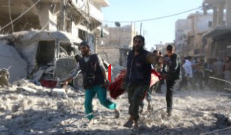 Syrian family leaving area after airstrike
