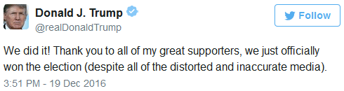 Trump victory tweet December 29, 2016