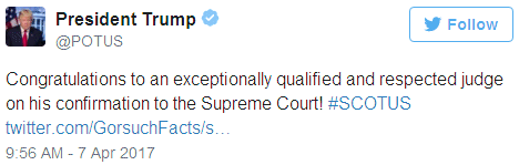Donald Trump congratulates Neil Gorsuch on his confirmation