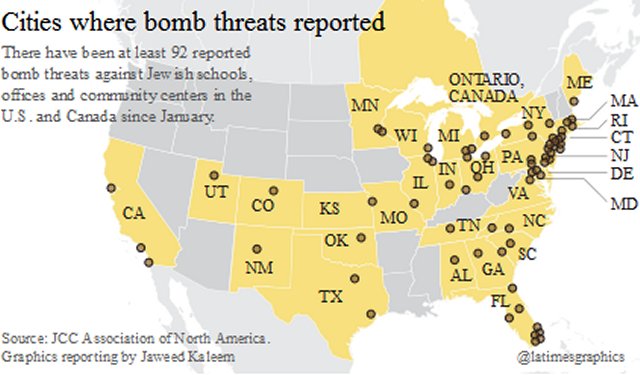 U.S. cities where bomb threats reported