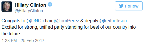 Hillary Clinton congratulates Tom Perez on his election