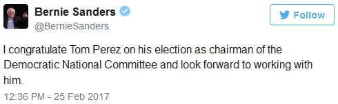 Bernie Sanders congratulates Tom Perez on his election