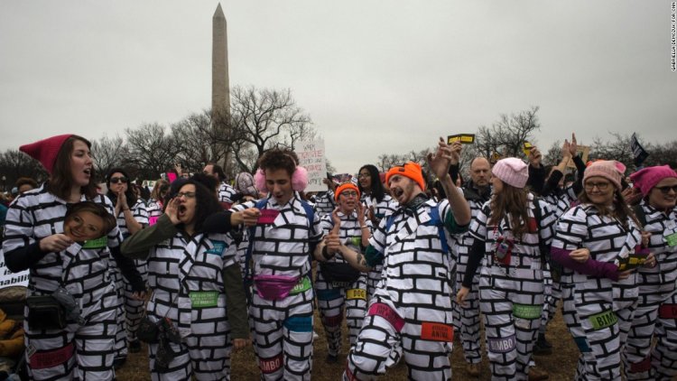 Demonstrations at the Women's March rally toward the White House on the National Mall.