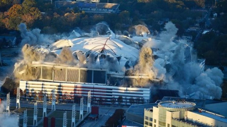 The Georgia Dome is destroyed in a scheduled implosion on Nov. 20, 2017. It was not only the home of the Atlanta Falcons but also the site of two Super Bowls, 1996 Olympics Games events and NCAA basketball tournaments. (AP)
