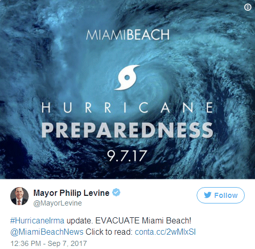 Mayor Levine tweet: Evacuate Miami Beach!