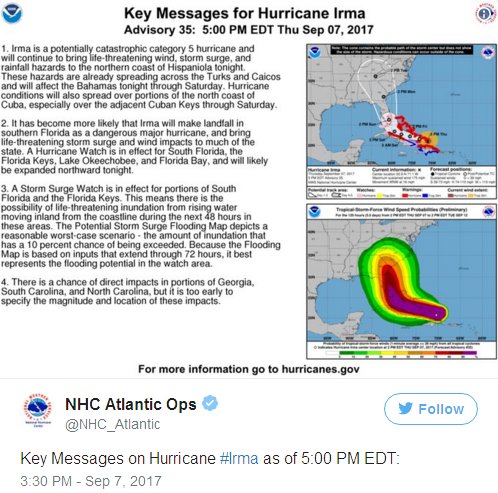 NHC Atlantic Ops tweet: Key Messages for Hurricane Irma
