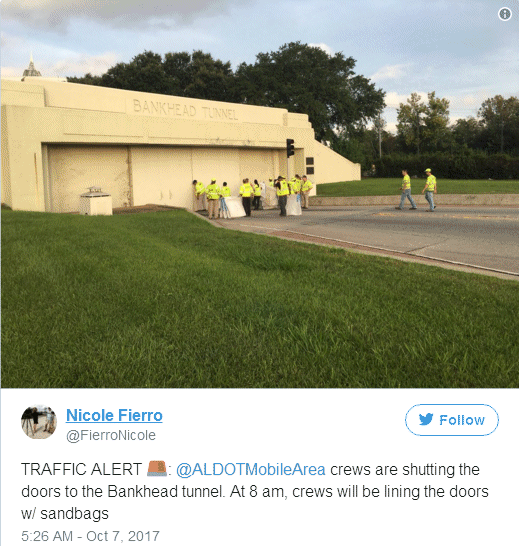 @ALDOTMobileArea crews are shutting the doors to the Bankhead tunnel. At 8 am, crews will be lining the doors w/ sandbags