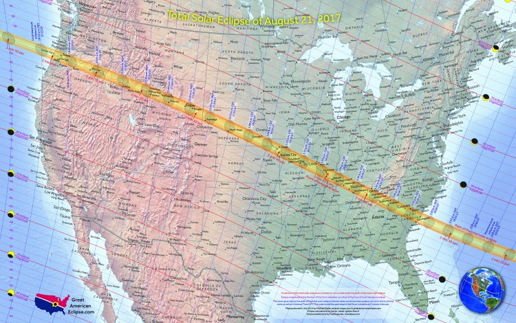 Total solar eclipse pathway across the United States, August 21, 2017