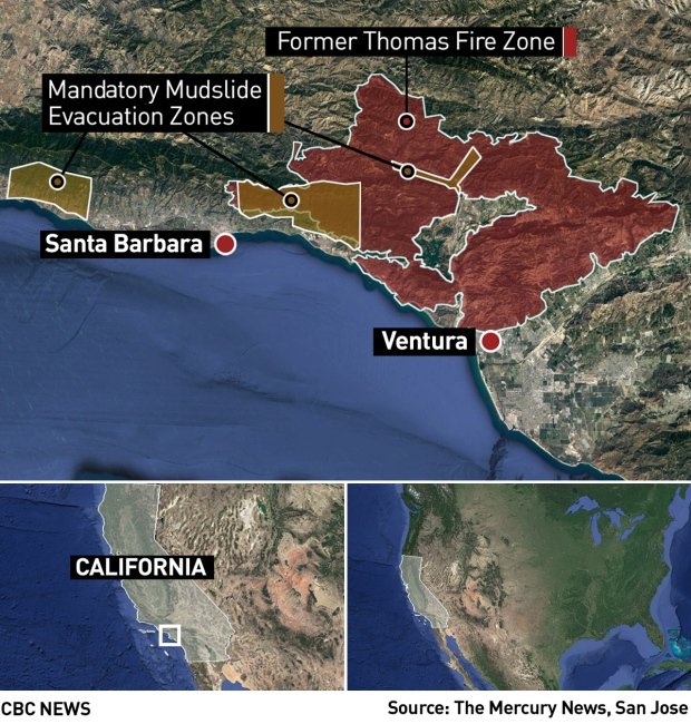 Mandatory mudslide evacuaton zones and Thomas fire zone
