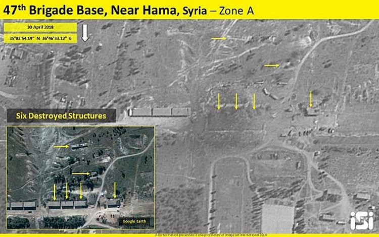 A satellite image showing the results of an alleged Israeli airstrike on a reported Iranian base outside the northern Syrian city of Hama the day before, on April 30, 2018. (ImageSat International ISI)