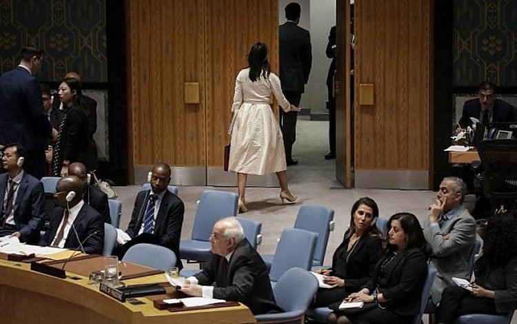US Ambassador to the United Nations Nikki Haley walks out of the chamber Palestinian Ambassador Riyad Mansour begins to speak at a UN Security Council meeting concerning the violence at the border of Israel and the Gaza Strip, at United Nations headquarters, May 15, 2018 in New York City. (Drew Angerer/Getty Images/AFP)