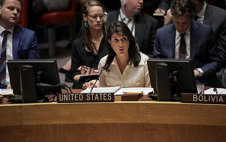 US Ambassador to the United Nations Nikki Haley speaking at a UN Security Council meeting concerning the violence at the border of Israel and the Gaza Strip, at United Nations headquarters, May 15, 2018 in New York City. (Drew Angerer/Getty Images/AFP)