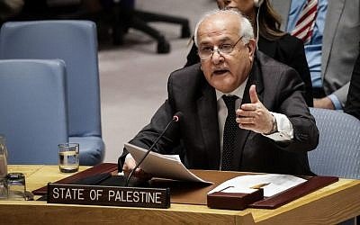 Palestinian Ambassador to the United Nations Riyad Mansour speaks during a UN Security Council meeting concerning the violence at the border of Israel and the Gaza Strip, at United Nations headquarters, May 15, 2018 in New York City. (Drew Angerer/Getty Images/AFP)