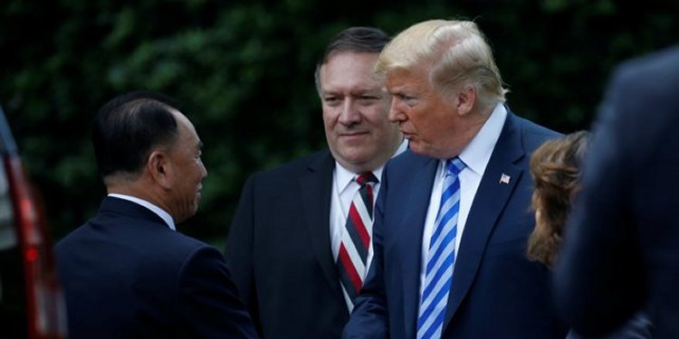 North Korean envoy Kim Yong Chol with President Donald Trump and Secretary of State Mike Pompeo. Leah Millis/Reuters
