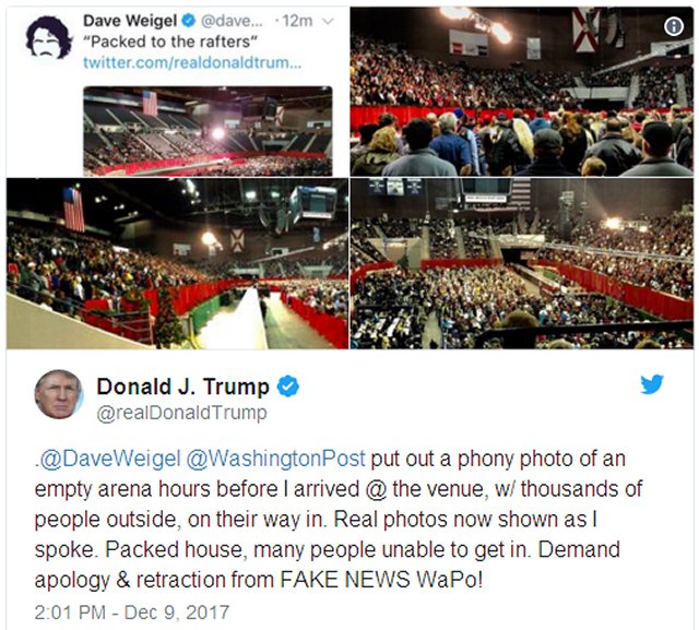 Dave Weigel of the Washington Times falsely reported Trump's sold-out rally to be almost an empty area.