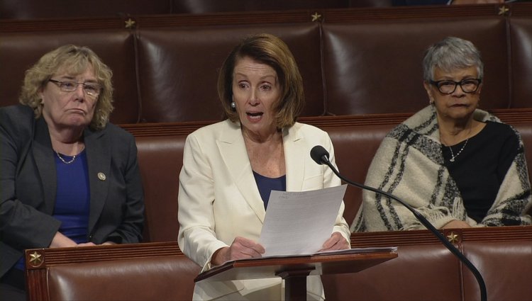 US House Minority Leader Nancy Pelosi (D-CA) is shown speaking on the floor of the House of Representatives in this still grab taken from video on Capitol Hill in Washington, U.S., February 7, 2018. (US House TV handout via Reuters)