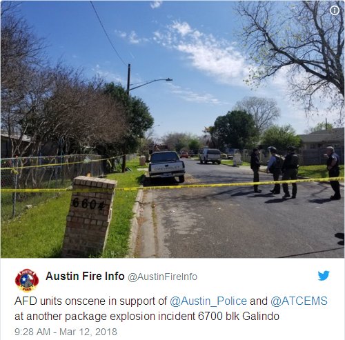 AFD units onscene in support of @Austin_Police and @ATCEMS at another package explosion incident 6700 blk Galindo