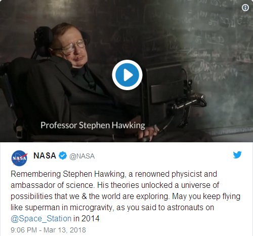 Remembering Stephen Hawking, a renowned physicist and ambassador of science. His theories unlocked a universe of possibilities that we & the world are exploring. May you keep flying like superman in microgravity, as you said to astronauts on @Space_Station in 2014